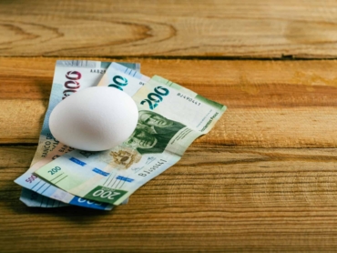 Egg and Mexican banknotes on wooden table. Concept of rising cost of egg production and consumption.