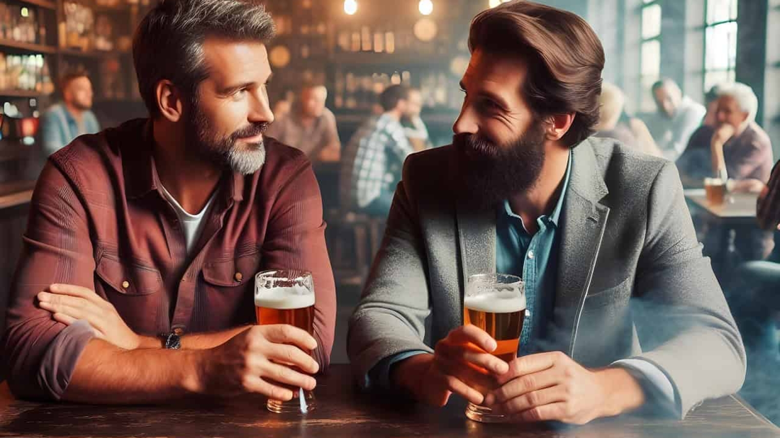 ai generated, men, bar, pub, beer, drink, discussion, alcohol