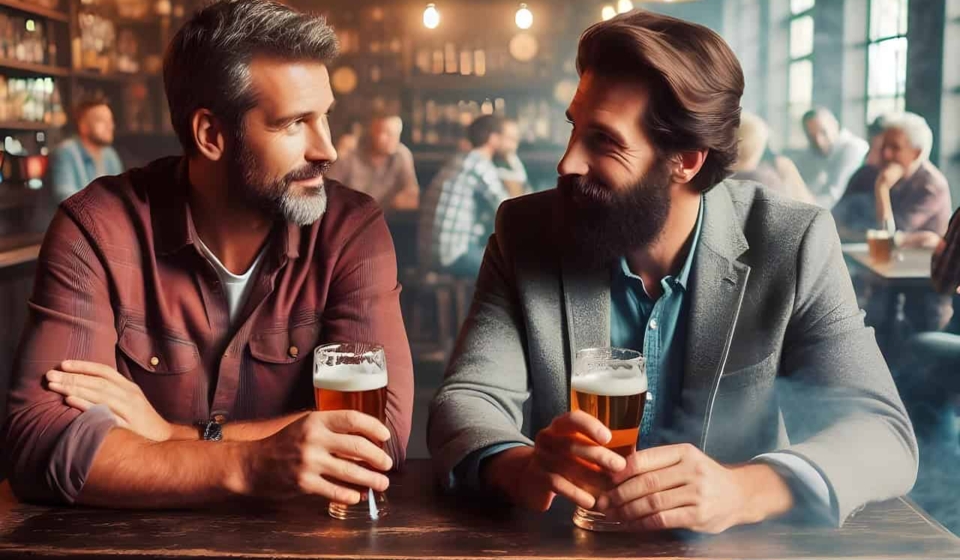 ai generated, men, bar, pub, beer, drink, discussion, alcohol