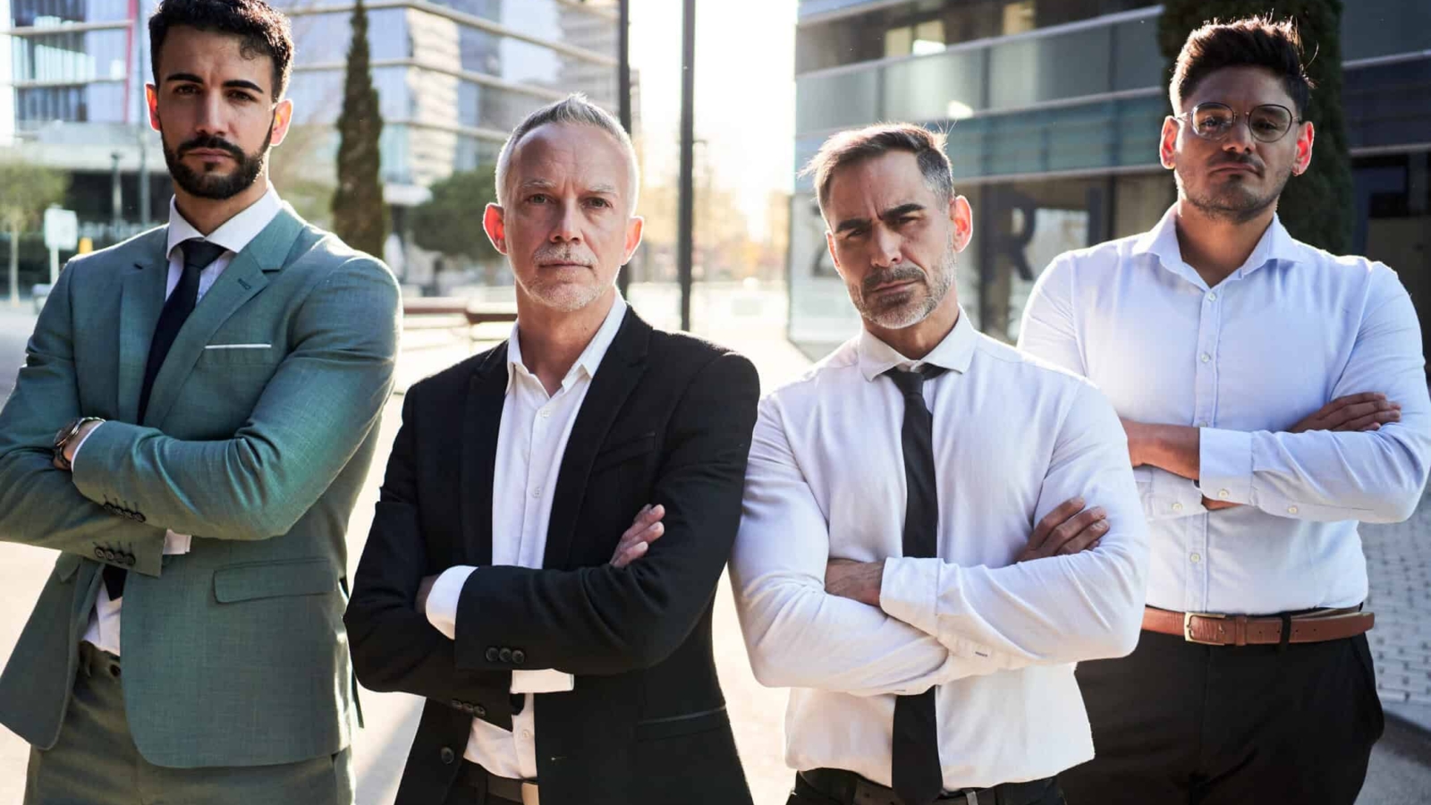 Four confident business men standing outdoors building offices looking at camera and crossing arms.