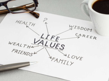 Life values concept. Paper sheet with ideas or plan, cup of coffee and eyeglasses on desk